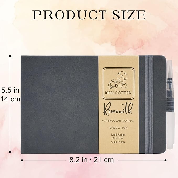 Remowith Leather Cover Watercolor Sketchbook, 9"x5.5" Journal, 300gsm Cold Press Cotton Paper (24 Sheets/48 Pages), Perfect Watercolor Journal for Markers, Pastels, Darkgrey
