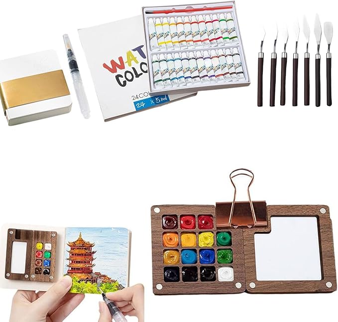 Mini Watercolor Paint Set, 2026 New Mini Watercolor Travel Set with Picture Book, Wooden Paint Palette for Painters, Artists, and Students (15 Grids)