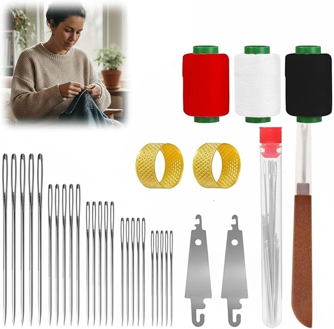 Big Eye Steel Sewing Needles Kit, Stainless Steel Needles for Hand Sewing, Sewing Working Kit for Beginners, Steel Needles, Seam Sewing Thread Ripper, Needle Threaders, Reels of Threads, Thimbles (34)
