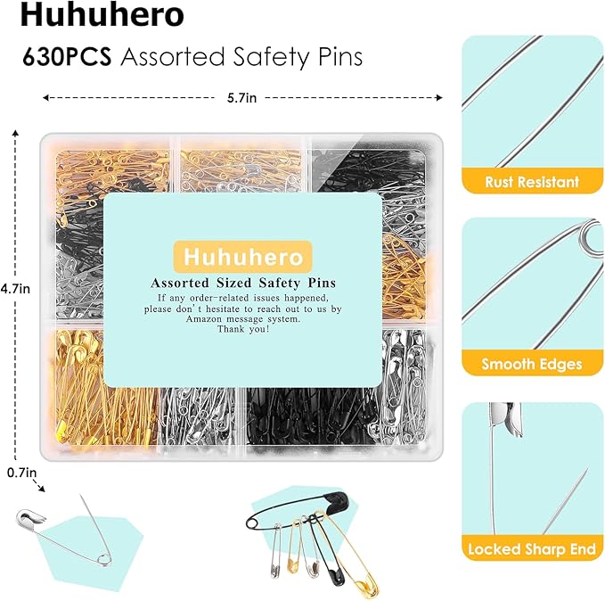 630 Pack Safety Pins Assorted, 5 Different Sizes Small and Large Safety Pin for Clothes Pins Sewing, Nickel Plated Steel, Arts and Crafts Supplies (3 Colors)