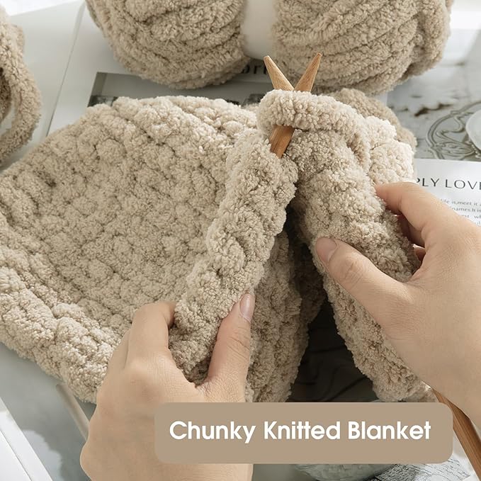 HOMBYS Khaki Chunky Chenille Yarn for Hand Knitting,Fluffy Soft Jumbo Yarn Crocheting,Super Bulky Big Yarn for Chunky Blanket,Large Thick Arm Knitting Yarn,8 Pack Plush Fuzzy Yarn