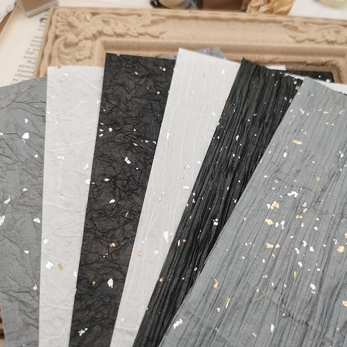 A5 Size black white gray Textured Fabric Art Paper And Textured Fabric paper 6PCS For Handicraft Production, Junk Journaling Supplies, Card Making, Collage Art Decoration.