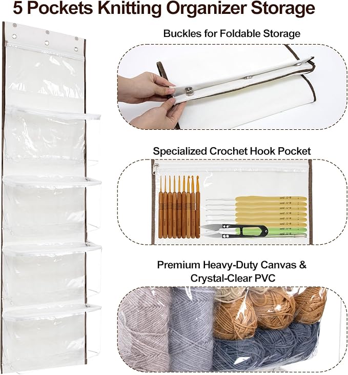LoforHoney Home Yarn Storage, Hanging Yarn Storage Organizer with 5 Zipper Closure Compartments, Over the Door Yarn Storage Bag for Crochet Hooks and Yarn Balls, Clear Hanging Yarn Holder with 3 Hooks