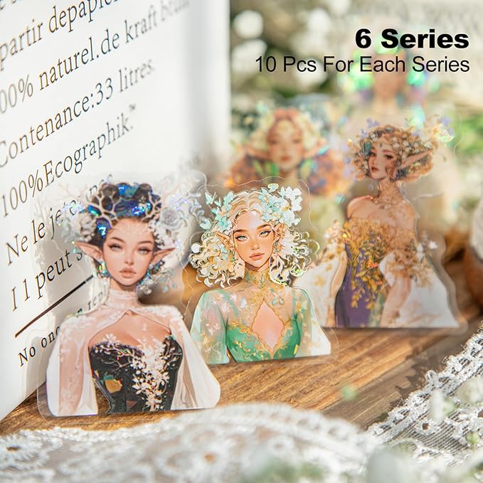 Spring Flower Girls PET Stickers Set, 60Pcs Fairy Character Stickers with Holographic Effect for Journaling, Scrapbooking, and DIY Crafts
