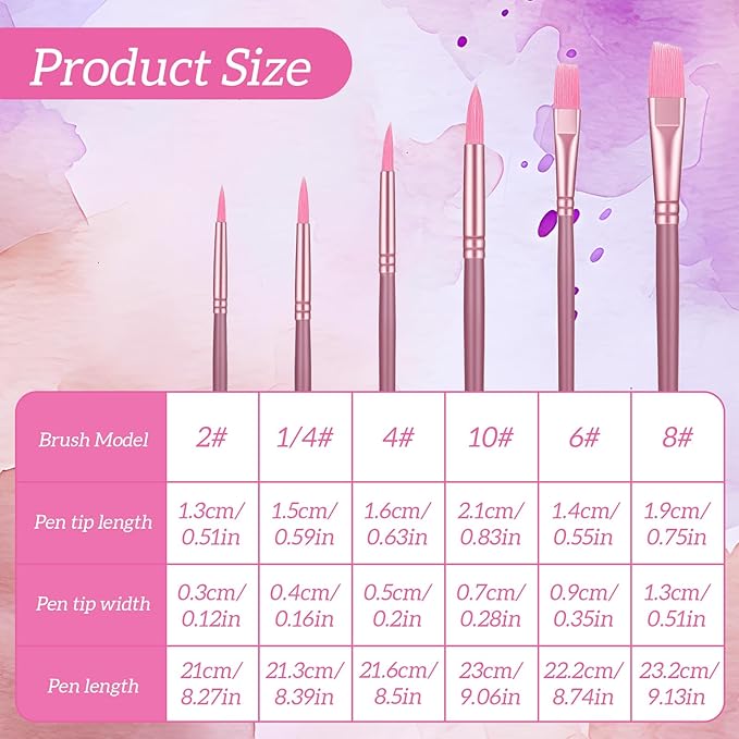 6 Pcs Nylon Hair Brushes for Paint by Number, Acrylic Paints Brush Set Watercolor Brush Oil Painting Round Flat Art Paint Brushes Kit for Beginners Adults with 2/4/6/8/10/¼ Sizes(Pink)