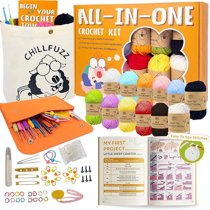 ChillFuzz Crochet Kit for Beginners 85 Piece Complete Crochet Set with Yarn, Hooks, Pattern Book – Beginner Crochet Kit for Adults & Kids with Tutorials, Great Christmas Gift for Craft Lovers Basic