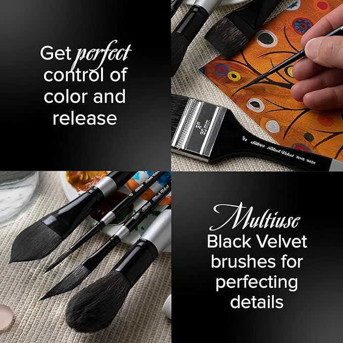 Silver Brush Limited BV-3055S Black Velvet Short Handle Medium Round Brushes, Mixed Filament With Very Soft Tips, 4pc Professional Artist Painting Bundle for Watercolors, Gouache, Dyes & Silk Painting