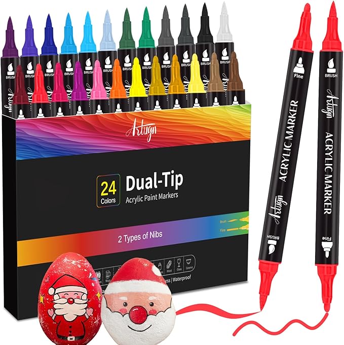 24 Colors Acrylic Paint Pens, Dual Tip Markers for Rock, Ceramic, Wood, Plastic, Calligraphy, Scrapbooking, Card Making, Stocking Stuffers, Christmas Gifts for Teens DIY Crafts