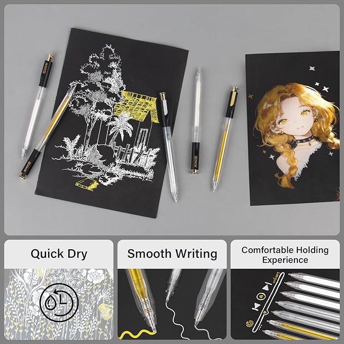 Retractable White Gold Silver Gel Pen, 7 Nib Sizes - Precision Large Capacity Opaque Archival Gel Ink Pens, Fine Point Smooth Writing Highlighter Pens for Black Paper Note Taking Art Supplies