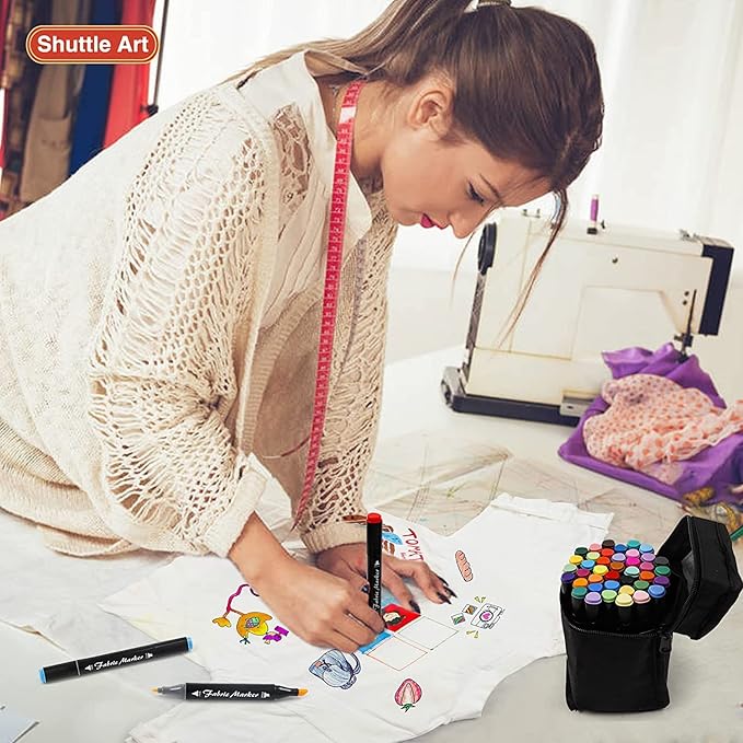 Shuttle Art Fabric Markers Pens, 40 Colors Dual Tip Fabric Markers Permanent No Bleed Pens for T-Shirts Sneakers, Non-Toxic & Child Safe Permanent Pens for Kids Adult Painting Writing