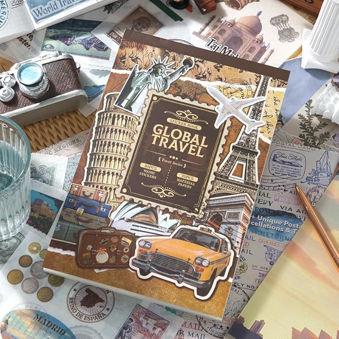 Vintage Aesthetic Washi Stickers and Papers for Scrapbooking, 50 Sheets Ephemera Book for Art Journaling with Retro Global Travel Theme Stickers and Decoupage Papers for Junk Journal