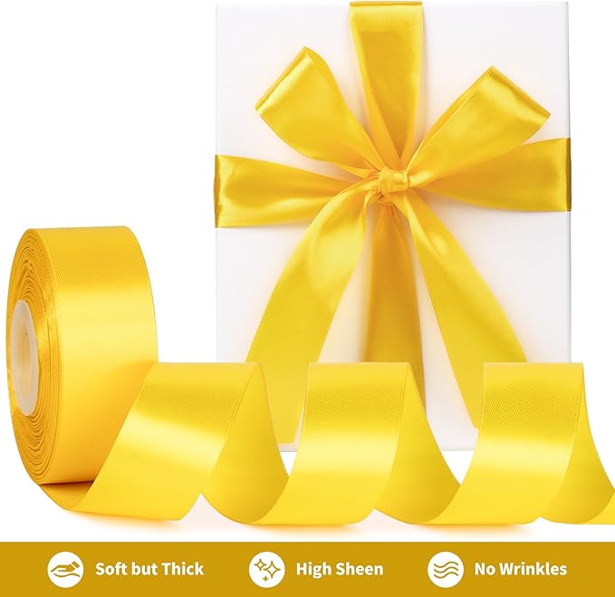 1-1/2 Inch Wide Yellow Satin Ribbon, 50 Yards Solid Polyester Fabric Ribbon for Roses Making, Gift Wrapping, Wedding Decorations, Crafts, Bows