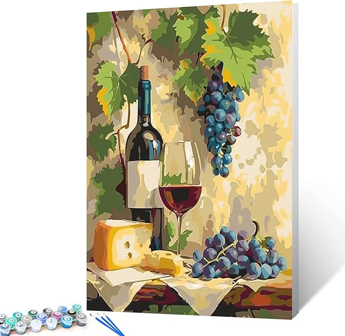 Paint by Numbers for Adults Beginners Grape and Wine DIY Oil Painting on Canvas 16x20 Inch Acrylic Pigment Watercolor Paint kits Rustic Style Artwork Retro hHome Wall Art Decor Gift (Frameless)