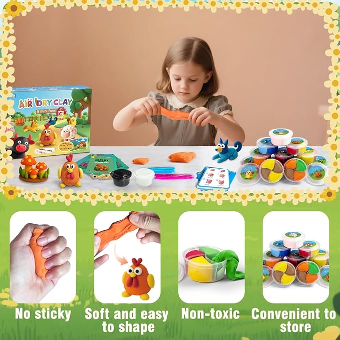 BEIREG Air Dry Clay for Kids - 15Pcs Farm Animals & Vegetables with Tutorial Scence Card, Ultra Soft, Safe Non-Toxic, DIY Modeling Magic Clay, School Projects Party Favors for Boys Girls Ages 3-12