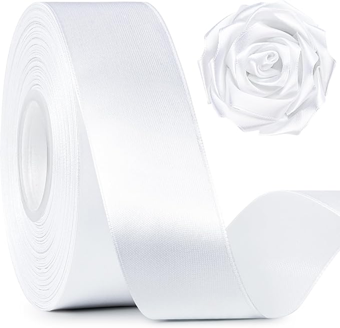 1-1/2 Inch Wide White Satin Ribbon, 50 Yards Solid Polyester Fabric Ribbon for Roses Making, Gift Wrapping, Valentine's Day, Wedding Decorations, Crafts, Bows