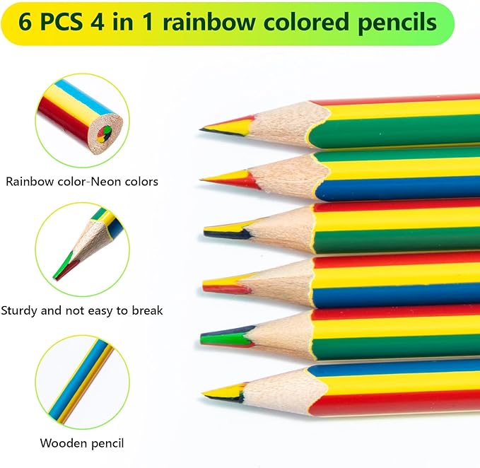 M&G Stocking Stuffers 6 PCS Rainbow Pencil Multicolored 4 in 1 Rainbow Colored Pencils, Christmas Gift Drawing Pencil for Adults & Artists