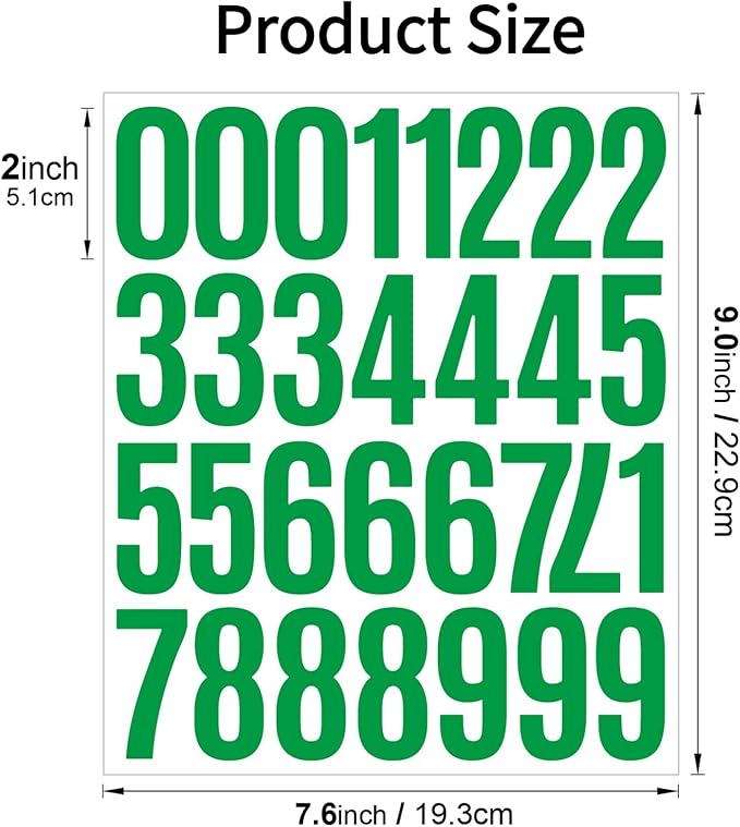 10 Sheets Vinyl Mailbox Number Stickers - Self-Adhesive Address Labels for Cars, House Doors, Windows & Metal Mailboxes (Green, 2 inch)