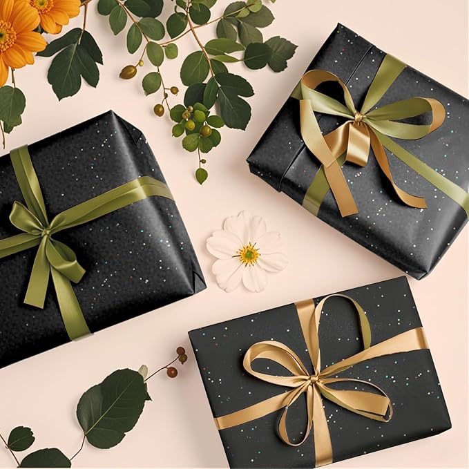 Black Glitter Tissue Paper for Gift Bags 36 Sheets 20 x 20 Inch - Recyclable Wrapping Paper for Weddings, Birthdays, Party & Festival Decorations DIY Craft Supplies