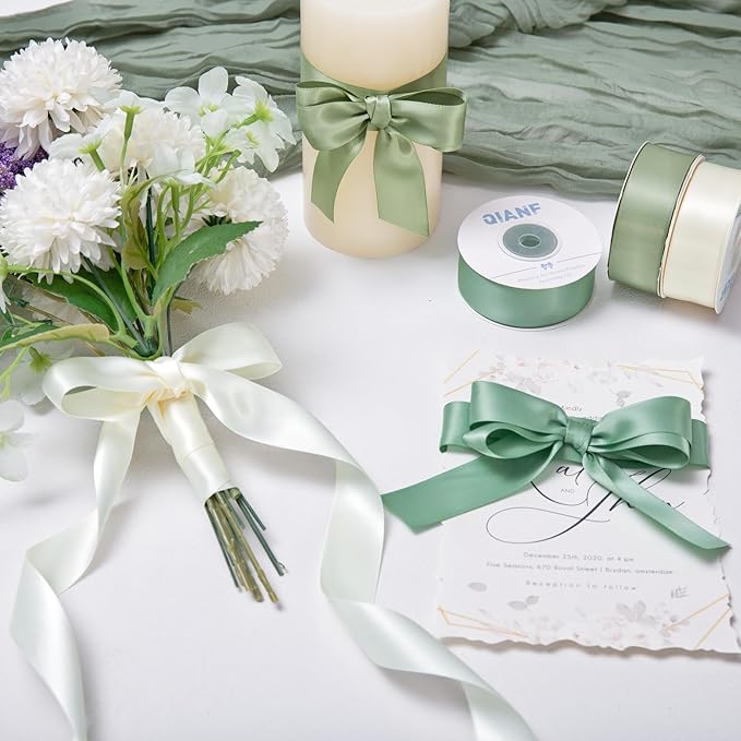 Sage Green Double Face Satin Ribbon 1 Inch x 45 Yards Moss Green Cream Fabric Ribbon for Gift Wrapping, Flower Bouquets Bows Making, Wedding Decoration, Invitations, Christmas (3 Rolls *15Yd)