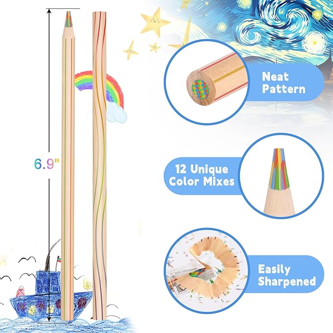 TINNIVI Rainbow Pencils for Kids Adults, 24 Pack Rainbow Colored Pencil Art Supplies for Girls Boys, Wooden Multi Colored Pencils Bulk for Coloring Drawing Sketching, Pre-sharpened, 12 Colors
