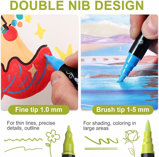 120 Colors Acrylic Paint Markers Waterproof Dual Tip Acrylic Paint Pens with Brush & Fine Tip Professional Marker Set Scrapbook Markers for Paper Rock Wood Fabric Glass Ceramic and DIY Crafts