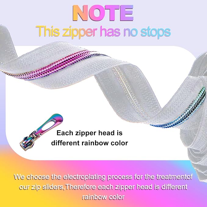 #5 Rainbow Zipper Tape by The Yard 5 Yards Colorful Teeth Nylon Zippers with 10 Pcs Metal Rainbow Zipper Pullsfor DIY Sewing Tailor Crafts (White，Rainbow)