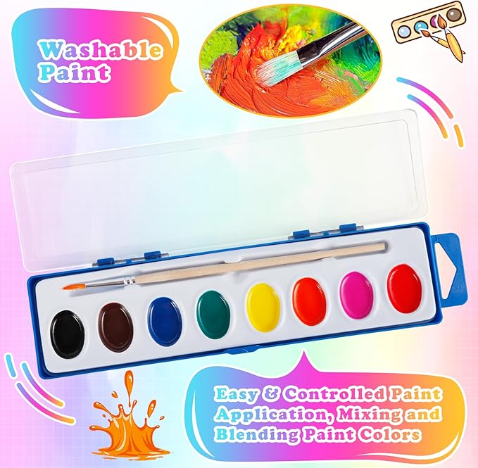 18 Pack Watercolor Paint Set,8 Colors Water Color Paints with Paint Brushes,Washable Bulk Watercolors Paint for Classroom Art Activities Birthday Party Favors