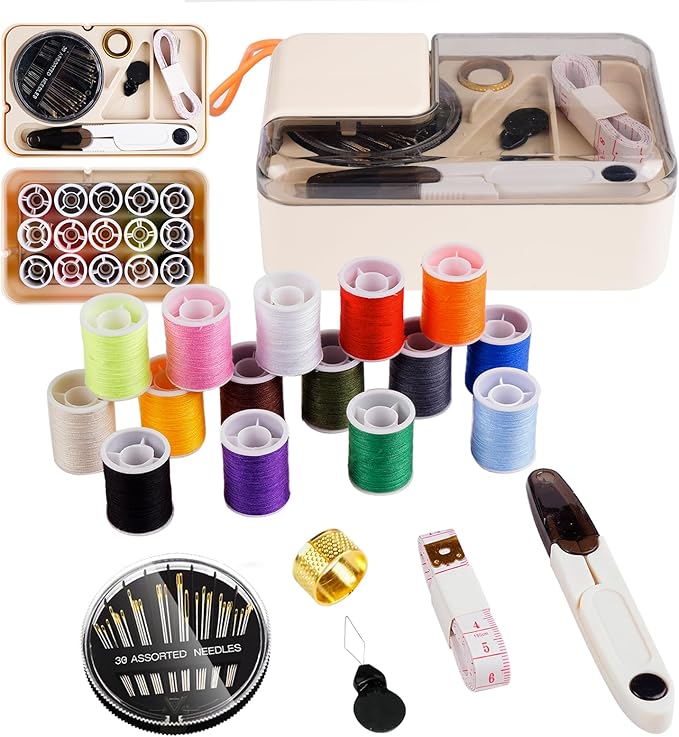 Mini Sewing Kits for Adults & Kids, Small Sewing Accessories and Supplies for Beginners with Needles, Threads, Scissors, Measure Tape, Suitable for Travel, Home, School and DIY Gift (Cream White)
