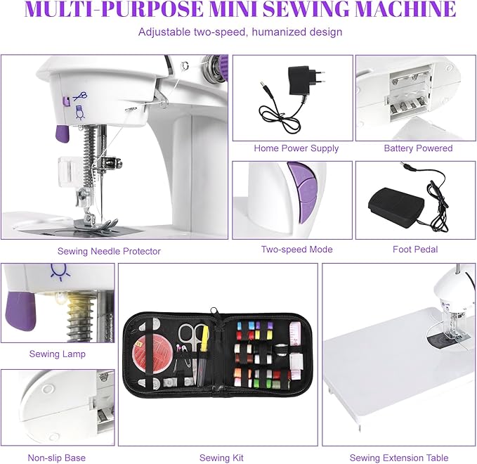 EASYBERG Mini Sewing Machine for Beginners, Dual Speed Easy Automatic Sewing Machine with Expansion Table, Sewing Tool and Needle Shield Suitable for Family and Travel