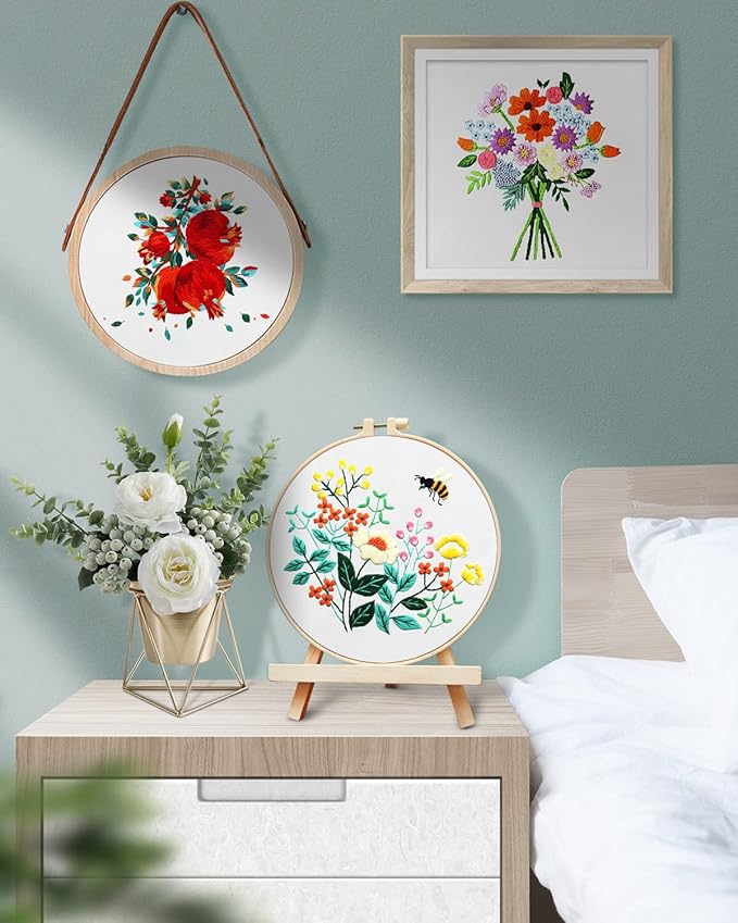 TINDTOP Embroidery Kit for Adult Beginners, Flowers Embroidery Kit for Beginners Include Embroidery Cloth Hoops Threads for Craft Lover Hand Stitch with Embroidery Skill Techniques