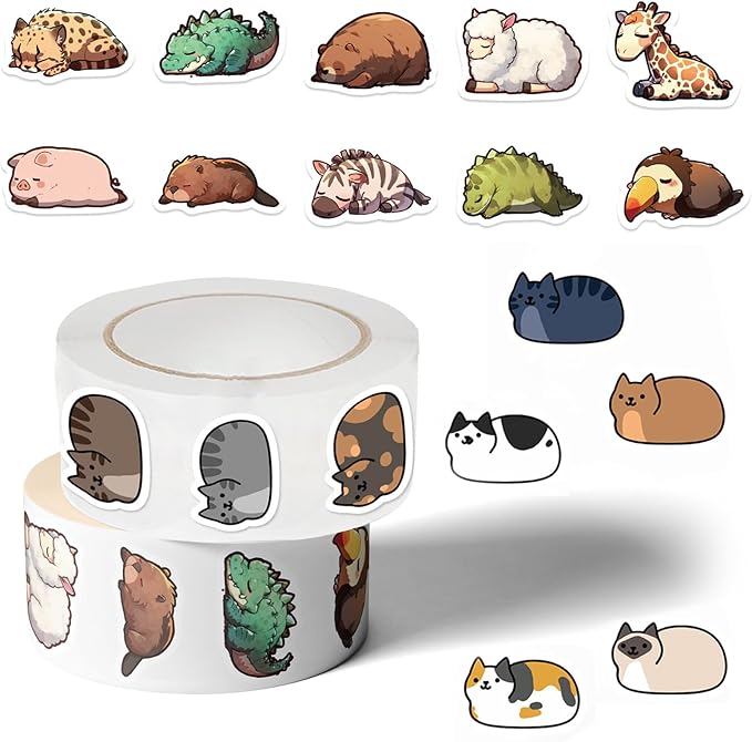 1000 Pcs Cute Animal Stickers Cartoon Sleepy Animals and Kawaii Kitten Stickers Rolls 20 Style Vinyl Waterproof Decorative Decals for Gift Wrapping Scrapbook Laptop Decorations