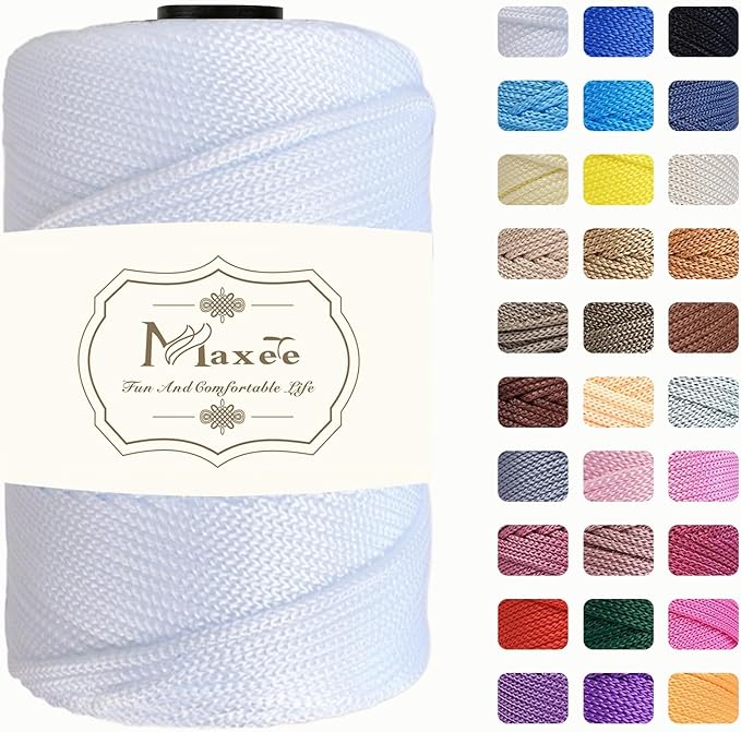 Maxee Premium Polyester Macrame Cord 3 mm × 218 yd,3mm 100% Polypropylene Macrame Cord,Ideal for Crochet, Wall Hangers, Bags, Rugs & DIY Crafts（White）