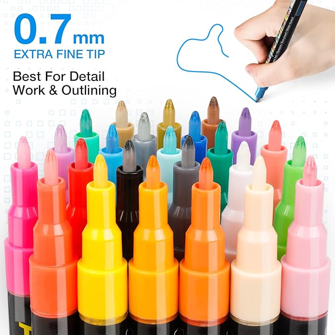 JR.WHITE Acrylic Paint Pens Paint Markers Set of 24: Extra Fine Point Acrylic Markers For Rock Painting Wood Glass Fabric Ceramic For Adults Kids Art Craft