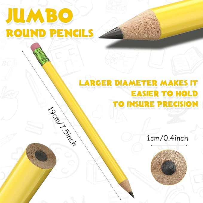 Fainne 102 Pcs Bulk Thick Jumbo Graphite Pencils Set 96 Fat Giant Large Pencils and 6 Sharpeners Enhanced Grip for Art Drafting Writing Drawing Office and Home Use(Yellow,Round)