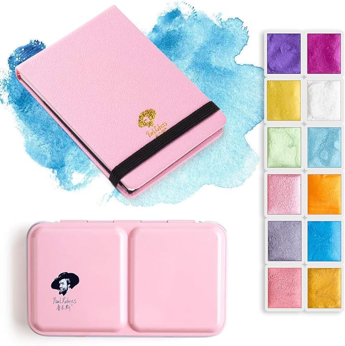 Paul Rubens Watercolor Paint Artist Grade 12 Colors, Metallic Glitter Watercolor Paints Set Solid Cakes with Palette and 100% Cotton Hot Press Watercolor Journal for Artists Painters