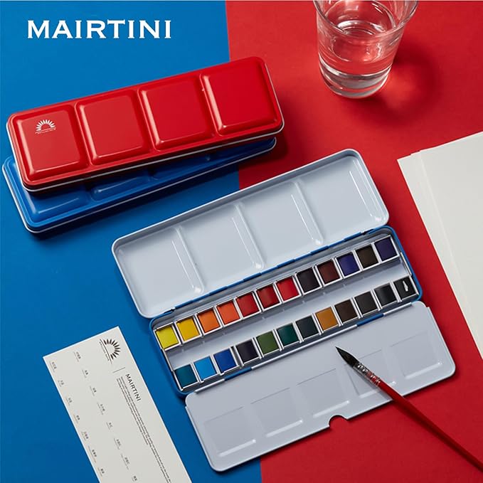 Mairtini Academy Grade Brilliant Series“Oriental Charm” Half-pan Solid Watercolor Paint 24 Colors Set with Blue Iron Case
