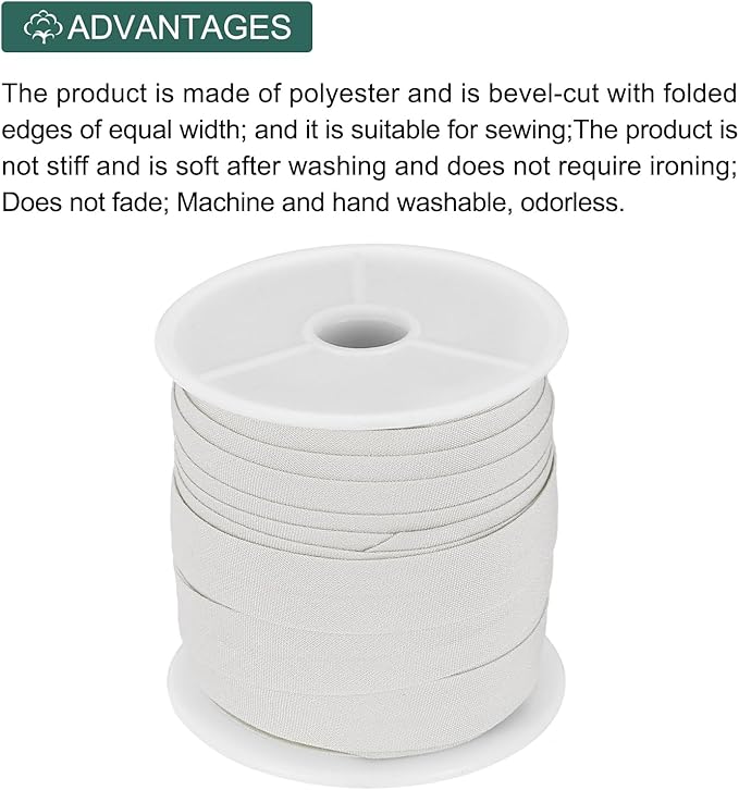 MECCANIXITY 1/2 Inch Single Fold Bias Tape Cotton Continuous Bulk Bias Tape for Sewing,Seaming Quilting Hemming Binding Crafts (Light White 25 Yards)