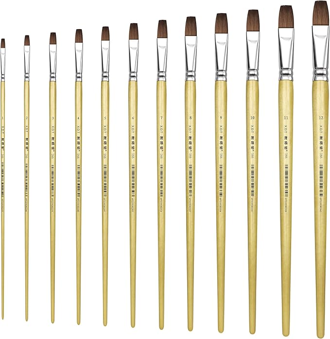 XDT#166 Bright Artist Paint Brush 12 Piece Set, Red Sable Flat Paint Brushes for Watercolor, Acrylic, Oil and Canvas Painting