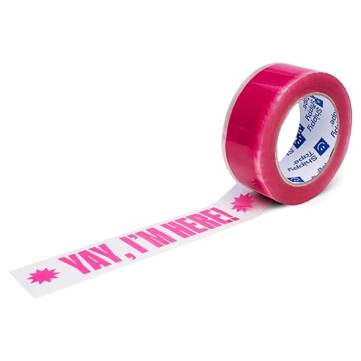Fun Decorative Packing Tape for Small Business - Cute Designer Printed Packaging and Shipping Tape - 1.88" x 110 Yards (330 feet) - Yay, I'm Here! Clear Hot Pink,