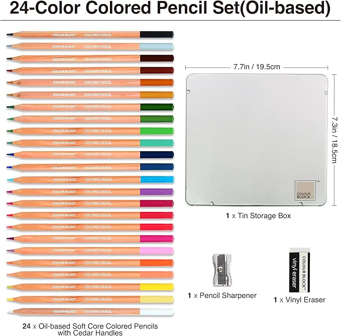 COLOUR BLOCK Colored Pencil Set - 24 Piece, Premium Cedar Handle Drawing Pencils, Vinyl Eraser, Sharpener, Tin Storage Box
