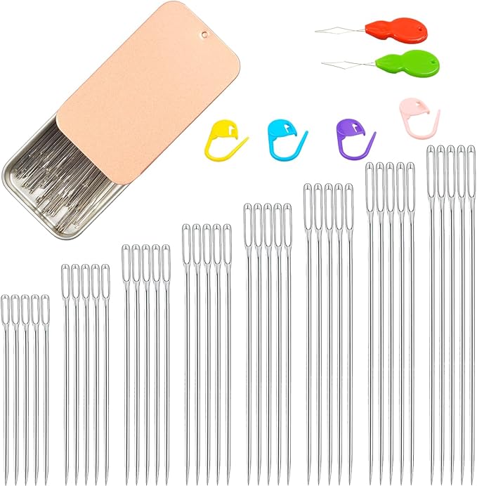 40PC Large & Medium Eye Sewing Needles - 8 Sizes, Embroidery & Leather, Stainless Steel Yarn Needles with Threaders & Stitch Markers (Rose Gold)