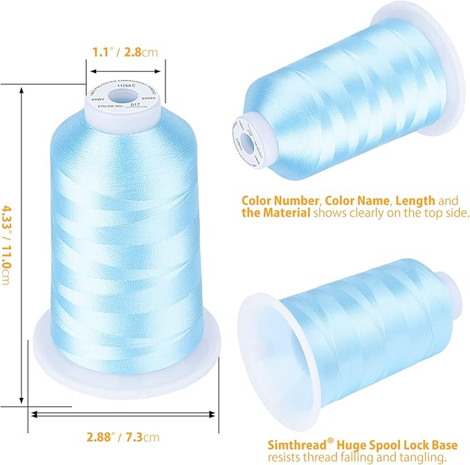 Simthread Embroidery Thread 5500 Yards Dark LightBlue 017, 2 Huge Spools 40wt Polyester for Brother, Babylock, Janome, Singer, Pfaff, Husqvarna, Bernina Machine