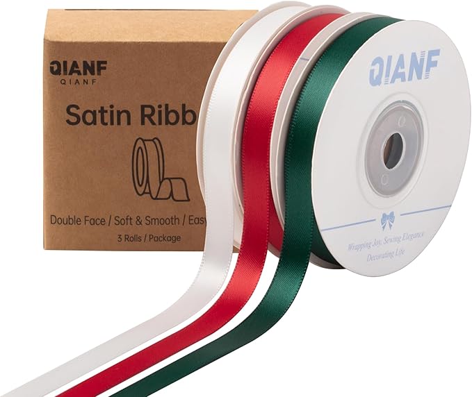 Red/Dark Green/White Double Face Satin Ribbon 3/8 Inch x 45 Yards Fabric Ribbon for Gift Wrapping, Flower Bouquets, Hair Bows Making, Wedding Decoration, Christmas (3 Rolls *15Yd)