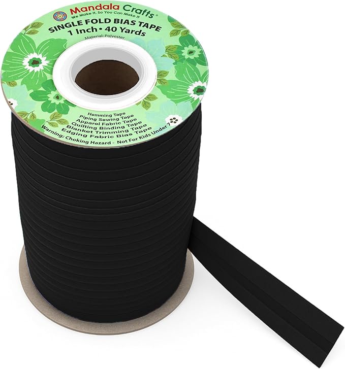 Mandala Crafts 1 Inch Single Fold Bias Tape for Sewing, Quilting, Piping, Hemming, Blanket & Quilt Binding – 40 Yards Black Fabric Seam Binding Tape