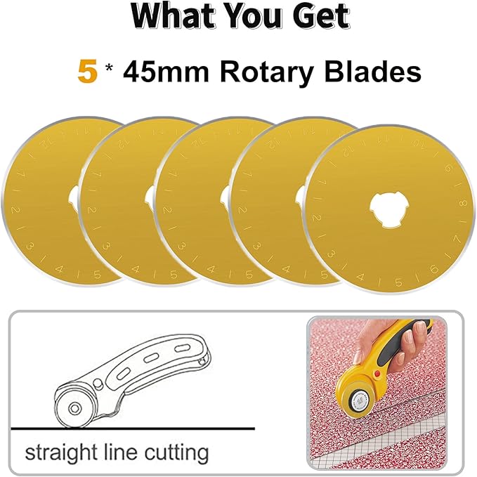 45mm Rotary Cutter Blades,Replacement Blades Fits Fiskars,OLFA,Martelli,Dremel,Truecut,DAFA,Fabric Cutting Blades Refill for Quilting Scrapbooking Sewing Arts &Crafts, SKS-7 (Titanium Coated), 5-Pack