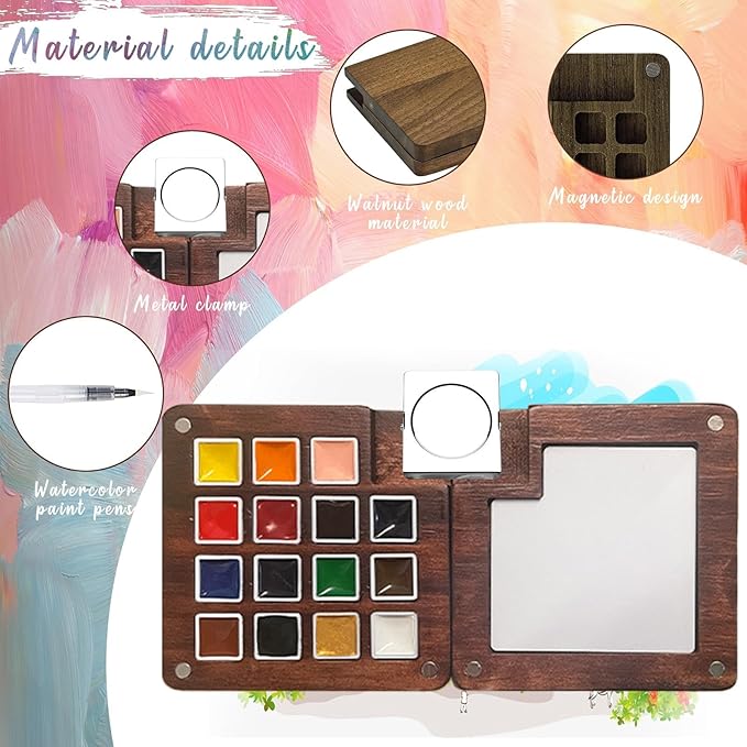 Mini Paint Palette Travel Kit - Mini Travel Watercolor Palette Set, Pocket Artist Water Color Travel Set with Colours, Binder Clips, Watercolor Pens, Wooden Paint Box for Painters Artists Students