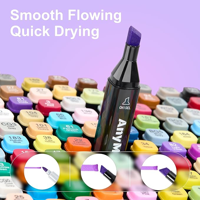 AnyMark Alcohol Markers, 48 Colors Dual Tip Art Coloring Markers Set for Adult Book Drawing Sketching Painting, Chisel & Fine, Black Penholder