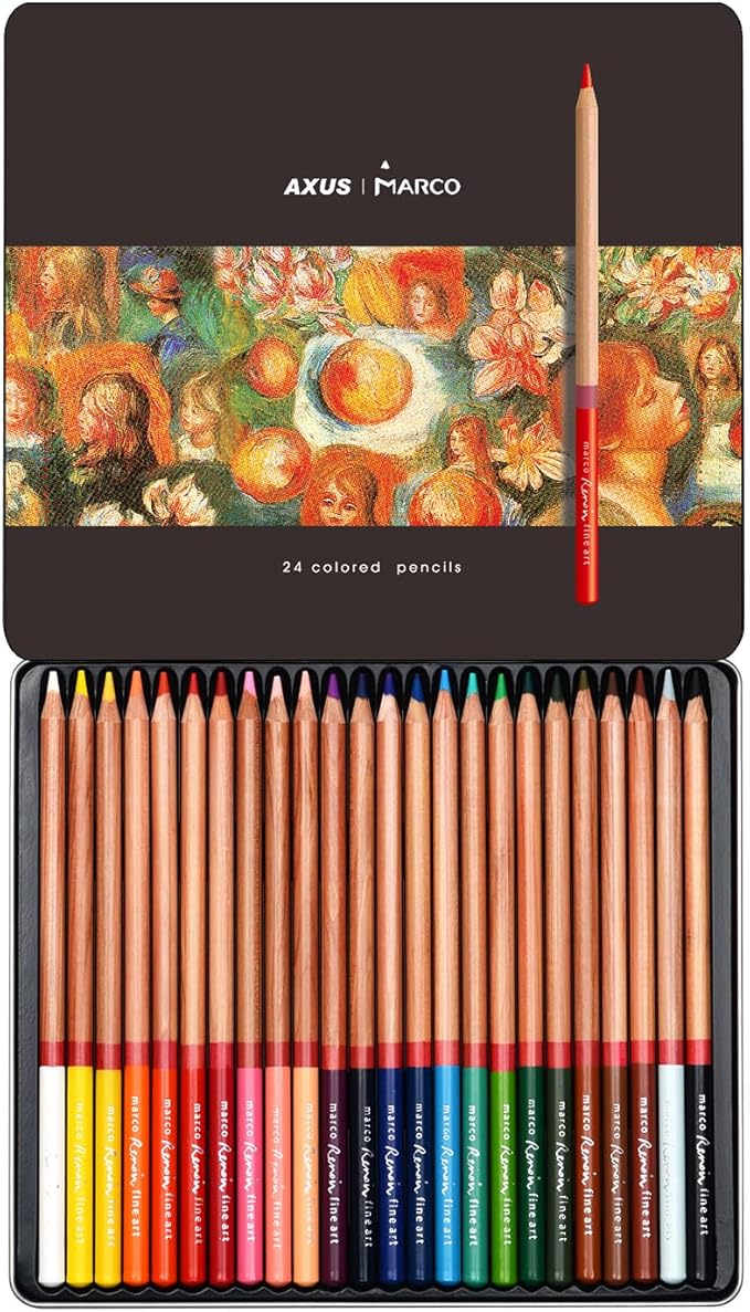 Oil-based Colored Pencils 3.7mm Thick Core, Unbreakable, Great Color Rendering, Iron Box Packed, for Artists & Art Lovers (Renoir 3100 Series - 24 Colors)