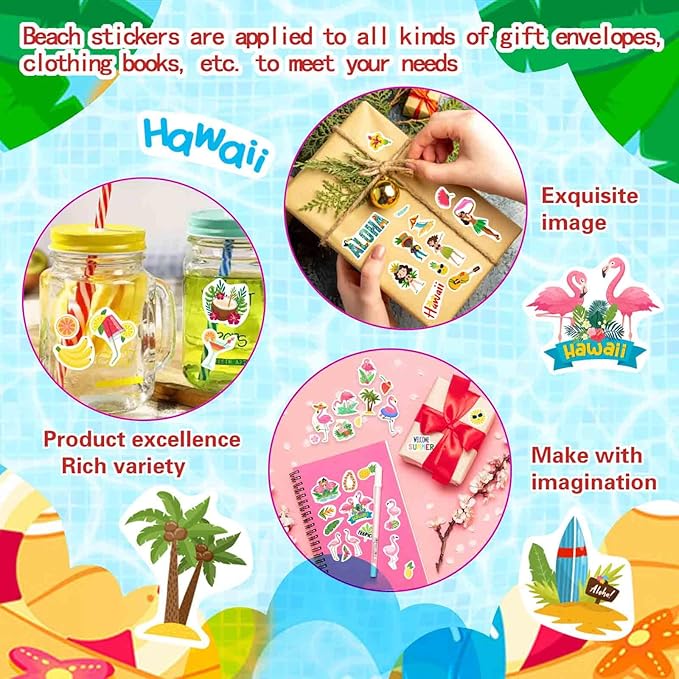 24 Sheets Summer Pool Beach Stickers Luau Hawaii Sun Stickers Sea Beach Watermelon Beer Ice Cream Pineapple Sticker for Hawaii Tropical Decoration Sticker Summer Holiday Party Favors