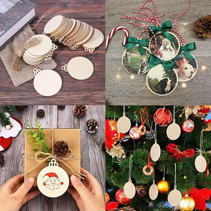 60pcs Wooden Ornaments, BetterJonny 3.15 * 2.56in Unfinished Natural Wood Slices with Holes Blank Wood Discs with 60pcs Jute Rope for DIY Christmas Decoration